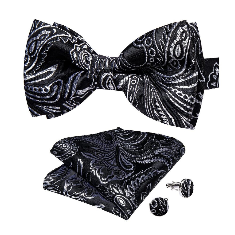 9797 Silk Bow Tie Black White Paisley Bowtie Jacquard Woven Adjustable